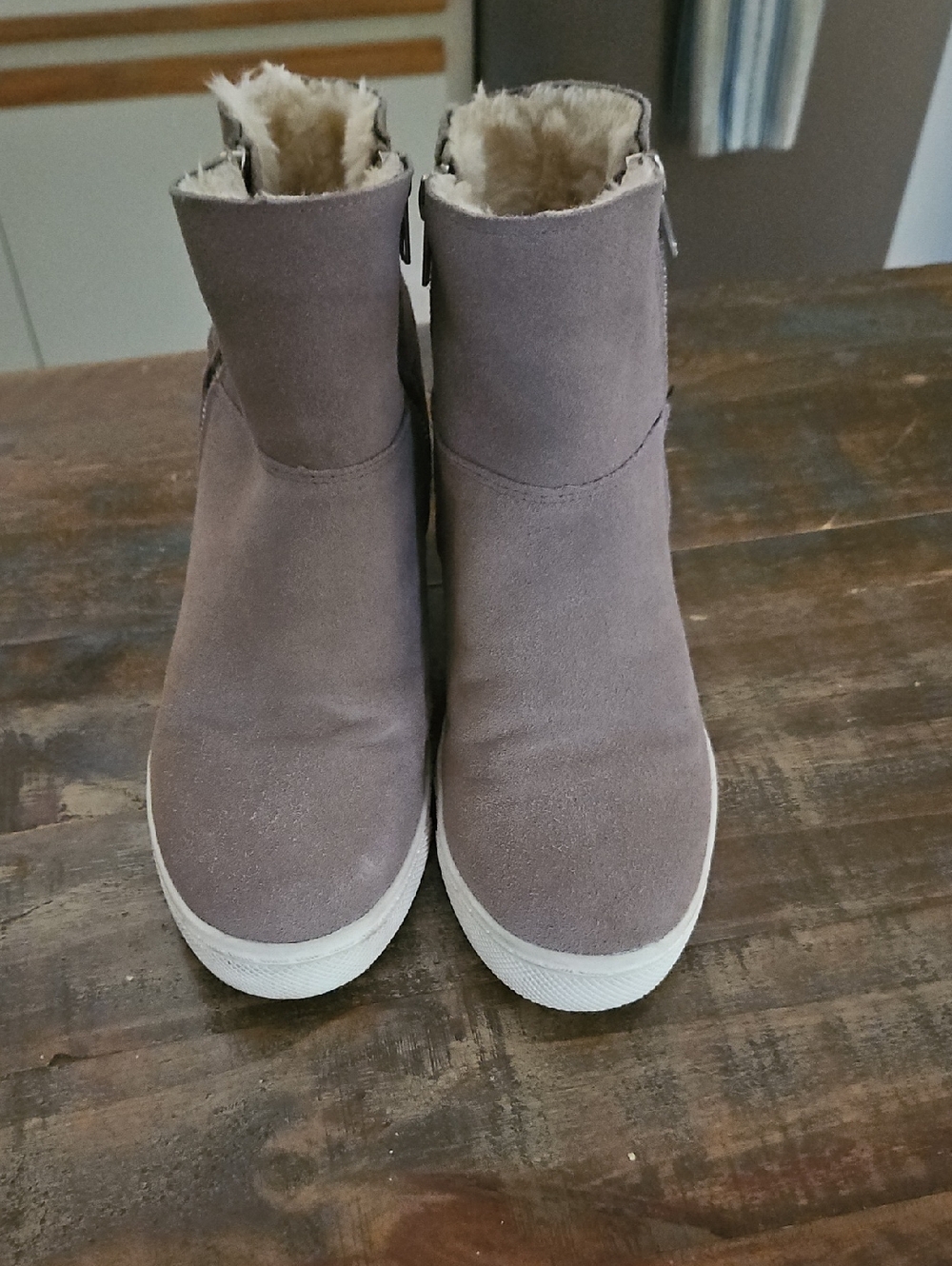 Women’s Taupe Suede Ankle Boots with Faux Fur Lining